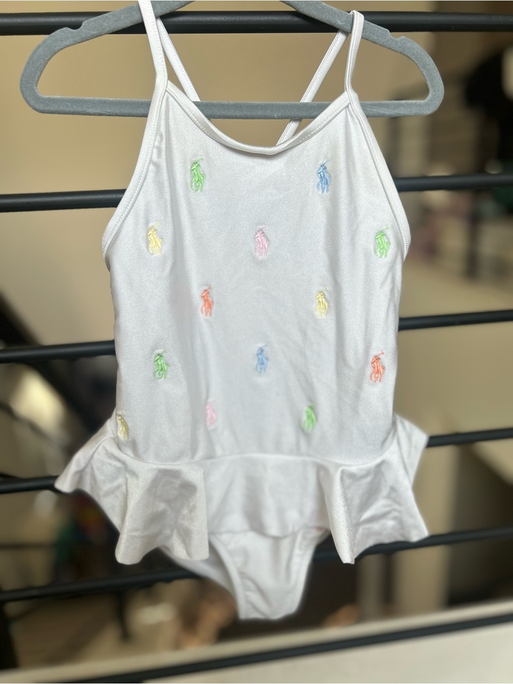 Ralph Lauren White Embroidered Pony Peplum One-Piece Swim 4T